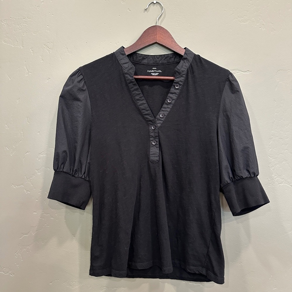 Habitual Puff Sleeve Henley Top in Black Size Medium Cotton Boho Chic NWOT - Picture 11 of 12